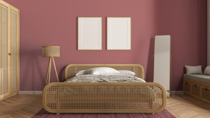 Frame mockup, modern wooden bedroom with rattan furniture in red tones, double bed with duvet and pillows, carpet, mirror, lamp and decors. Herringbone parquet, interior design idea