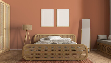 Frame mockup, modern wooden bedroom with rattan furniture in orange tones, double bed with duvet and pillows, carpet, mirror, lamp and decors. Herringbone parquet, interior design