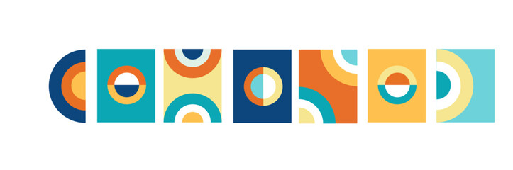 Collection of modern simple artistic abstractions with geometric shapes (circles) on a colored background, bauhaus style