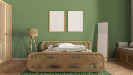 Frame mockup, modern wooden bedroom with rattan furniture in green tones, double bed with duvet and pillows, carpet, mirror, lamp and decors. Herringbone parquet, interior design idea