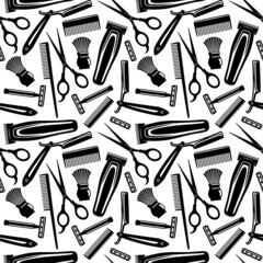 Seamless pattern with barbershop items on white background. - 496275334