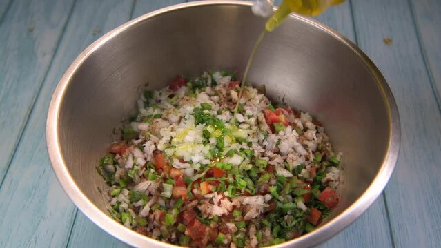 Tabbouleh salad Tabouli Recipe chopped parsley. High quality 4k footage