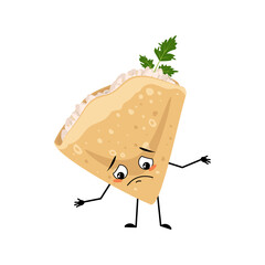 Pancake character with cottage cheese and parsley with sad emotions, depressed face, down eyes, arms and legs. Baking person, homemade pastry with melancholy expression. Vector flat illustration