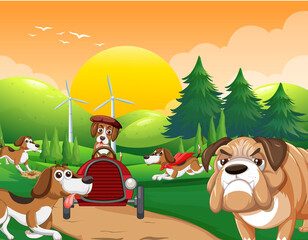 Obraz na płótnie Canvas Park scene with many dogs cartoon