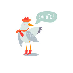 Cute seagull with in red hat, scarf and boots. Bubble inscription - 