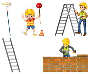 Construction worker set with men and tools