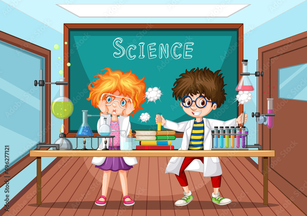 Wall mural classroom scene with scientist doing experiment