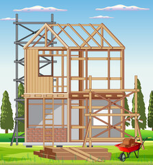 Cartoon scene of building construction site