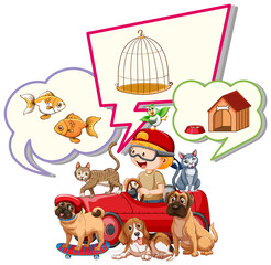 Obraz premium Little boy thinking of putting pets in houses