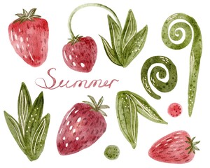 A set of strawberries and leaves hand drawn illustration