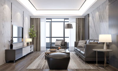 Gray sofa with gray marble pattern wall and Wooden Floor,white curtian. 3D illustration