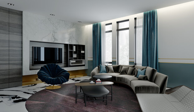 large luxury modern interior of living room.3D illustration