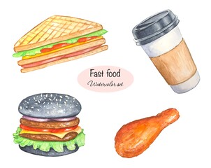 Set of watercolor illustrations of fast food, hamburger, sandwich, chicken leg, coffee
