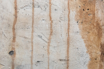 Old dirty concrete white wall with streaks of rusty water weathered background cement obsolete texture