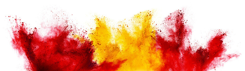colorful spanish flag black red yellow color holi paint powder explosion isolated white background. Spain europe celebration soccer travel tourism concept - obrazy, fototapety, plakaty