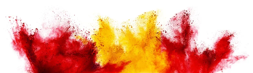 Foto op Canvas colorful spanish flag black red yellow color holi paint powder explosion isolated white background. Spain europe celebration soccer travel tourism concept © stockphoto-graf