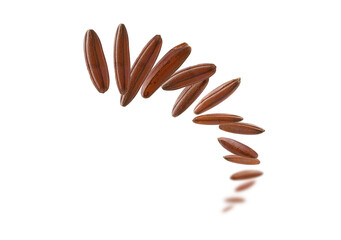 Raw brown rice levitates on a white background