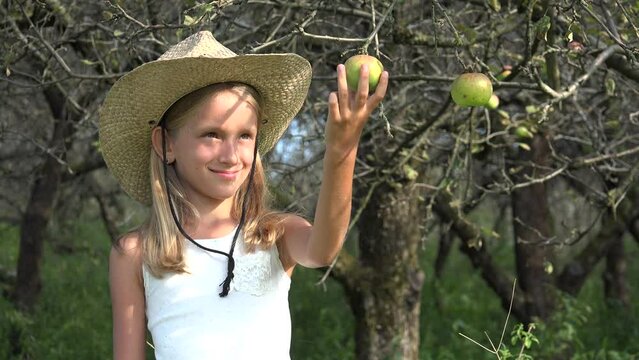 Kid Eating Apple, Child in Orchard, Kid Tasting Fruits in Tree, Farmer Blonde Girl at Village at Countryside