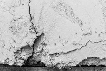 Crack on old dirty white concrete wall of cement surface broken background damage cracked texture