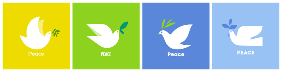 Peace dove with olive branch. Flat style vector illustration with white pigeon on colorful background for no war concept