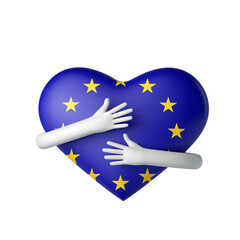 European Union flag heart being hugged by arms. 3D Rendering