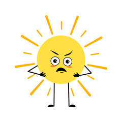 Cute sun character with angry emotions, grumpy face, furious eyes, arms and legs. Person with annoyed expression and pose. Vector flat illustration