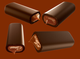 Chocolate bar with caramel filling. 3d illustration. Isolated background.