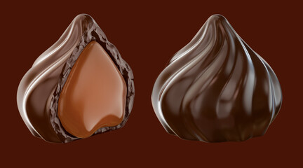 Chocolate with caramel filling. 3d illustration. Isolated on background