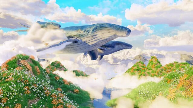 4k Hunchback whales gliding through the air over a magical landscape