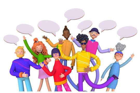 Chatting Big group of diverse people with speech bubbles, Dialogues between disabled and different persons. Concept of communication and friendship between people, Trendy 3d illustration.