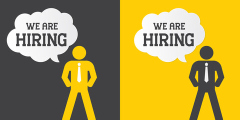 we are hiring lettering in a speech bubble and a businessman standing over yellow and black background, job hiring vector design