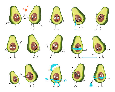 Avocado character with happy or sad emotions, panic, loving or brave face, hands and legs. Cheerful vegetable person, fruit with mask, glasses or hat. Vector flat illustration. 