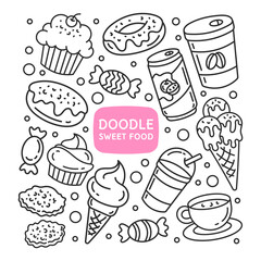 Set of doodle elements with sweet food and drinks. Isolated illustrations on a white background.