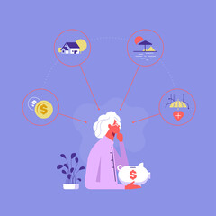 Pension savings and planning concept illustration with elderly woman, financial and accounting icons and symbols such as house, coins, insurance, vacation, etc.
