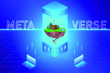 Obraz premium Metaverse Virtual Land, game finance technology, blue hologram portal 3d isometric design.