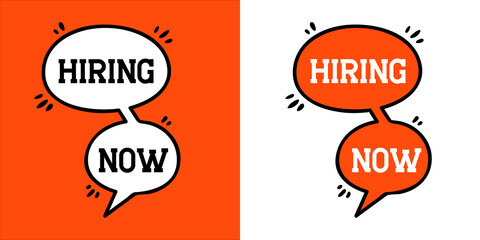 hiring now lettering in beautiful speech bubble isolated on a orange and white background, we are hiring job announcement banner design