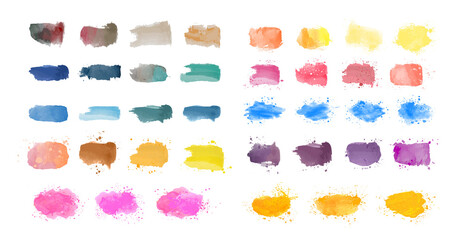 Set of watercolor brush stroke isolated on white background. Size can be increased with quality preservation. Hand painted stain. Gradients with overlay. Vector illustration for grunge design.