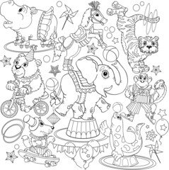 Outlined doodle anti-stress coloring page cute animals. Coloring book page for adults and children, circus pattern outline doodle anti-stress
