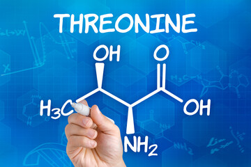Hand with pen drawing the chemical formula of threonine