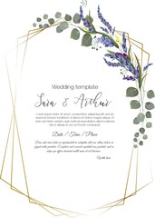 Vector floral frame for wedding invitation. Delicate lavender, eucalyptus, golden frames