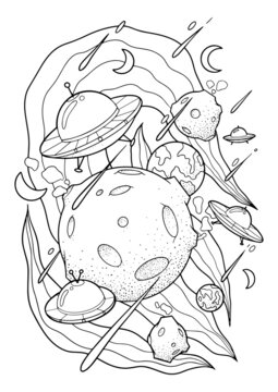 Coloring pages for Kids about planets and ufo
