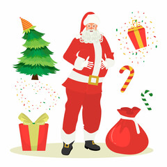 Christmas set. Santa Claus with a gifts. A happy smiling Santa Claus in cartoon style with santa claus bag. illustration on white background in cartoon style