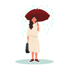 Young woman character hold umbrella under rain. Vector illustration on white background in cartoon style