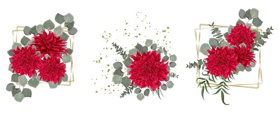 Vector flower set for wedding design. Red dahlia, eucalyptus, plants, leaves, golden elements. Flowers on a white background