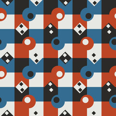 Fototapeta na wymiar Red-blue rhombuses and circles with black-and-white inserts. Vector with seamless repeating shapes.