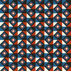 Red-blue rhombuses with black-and-white inserts. Vector pattern with seamless repeating diamonds.