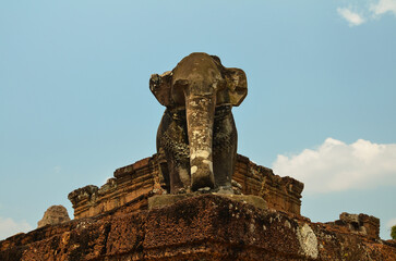 Fototapeta na wymiar Cambodia, Angkor Temple complex, Beautiful view of ancient ruins of East Mebon temple, temple-mountain, sculpture of elephant