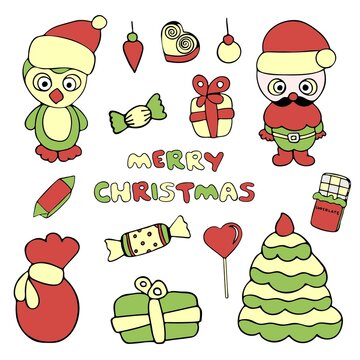 Set of Christmas Clipart. Merry Christmas. New Year Holiday. Hand Drawn Illustration Isolated on White Background.