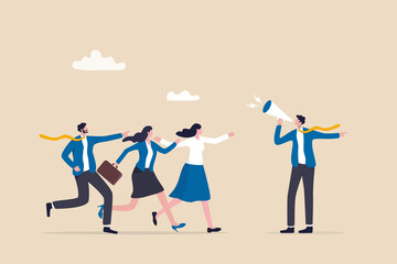 Business guide to move to the right success direction, leadership to tell solution way, support, help or giving instruction concept, businessman with megaphone tell coworkers to walk the right way.