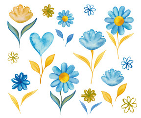 Watercolor illustration of hand painted blue and yellow flowers in color of flag of Ukraine. Wildflower, chamomile, daisies, hearts. Isolated clip art abstract nature elements. Independence day poster